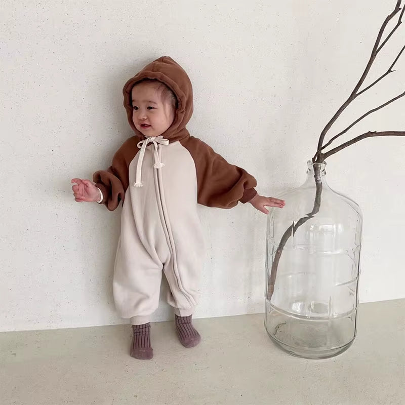 Baby Girls 0-3 Months Clothing Autumn and Winter Boys' Hooded Zipper Pullover Pure Cotton Letter Printing Romper Baby Clothing